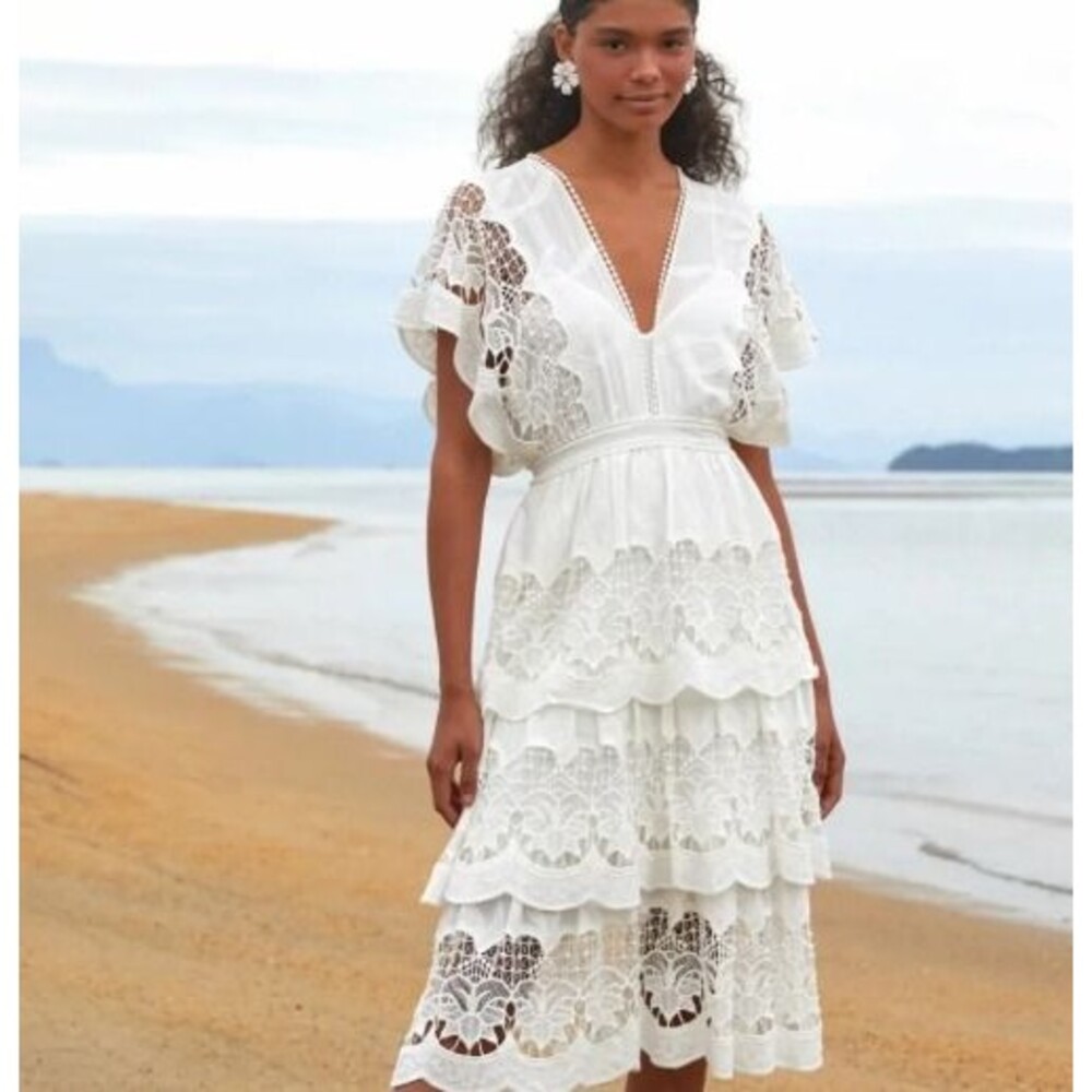 FARM RIO Richelieu Midi Tiered Embroidered Eyelet White Dress Medium